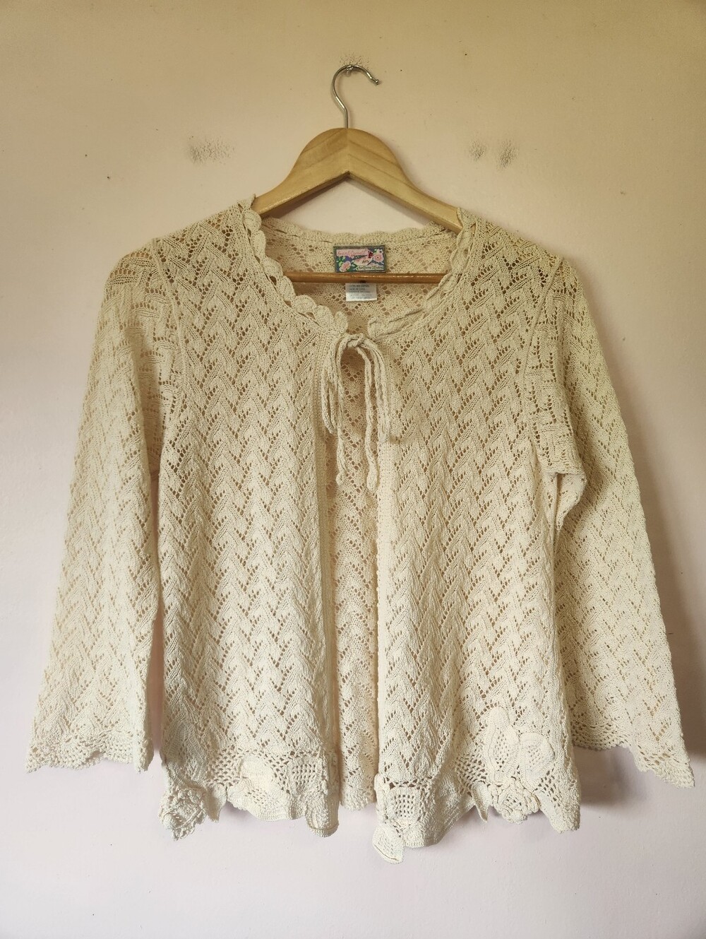 April Cornell Vintage Y2K Cream Crochet Lace Knit Tie Front Cardigan Sweater S